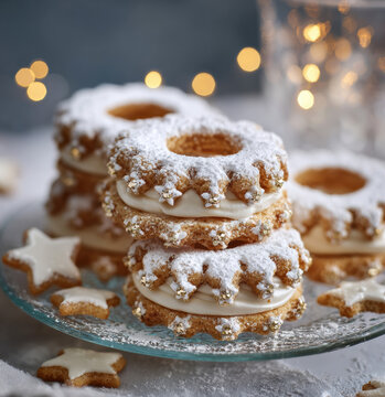 Festliche Kranzpl&auml;tzchen mit Vanillecreme und Puderzucker, verziert mit Golddekor auf Glasplatte