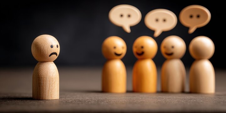 Sad wooden figure isolated from happy group with speech bubbles - Powered by Adobe