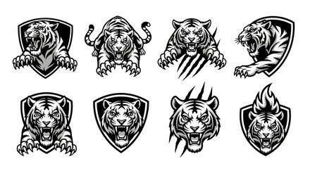 Collection of detailed black and white tiger illustrations in various dynamic poses and designs.