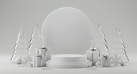 White Christmas Product Display Stage. Noel podium scene with minimalist glass trees, gift boxes, and silver decorations.
