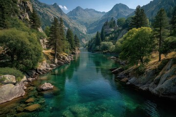 Tranquil turquoise river winds through alpine canyon with pine trees and rugged mountains