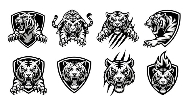 Collection of detailed black and white tiger illustrations in various dynamic poses and designs. - Powered by Adobe