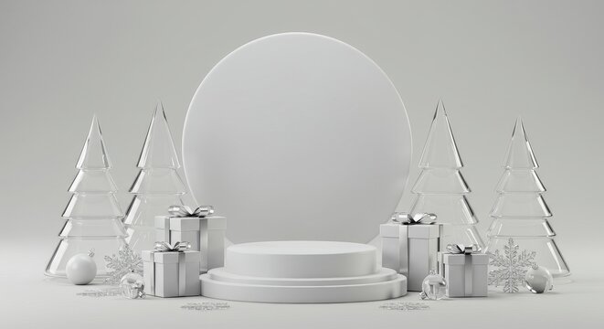 White Christmas Product Display Stage. Noel podium scene with minimalist glass trees, gift boxes, and silver decorations.