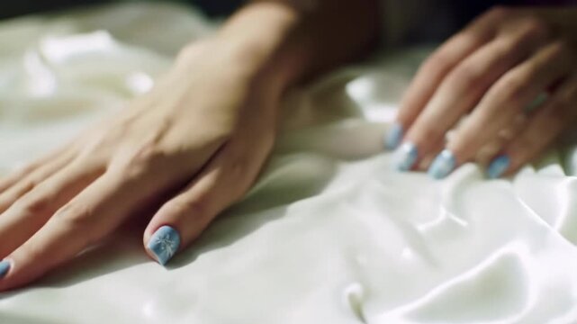 Young caucasian woman's graceful hands with light blue snowflake nail polish gently caressing pure white silk fabric, macro video with dreamy bokeh. Concept of delicate touch and luxury