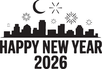 Minimal New Year 2026 design, bold black lines, solid shapes, no gradients, clean vector style, centered layout for T-shirt or hoodie print, white background, simple modern festive theme
