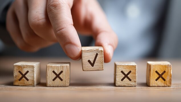 Hand selecting a wooden block with a checkmark among crosses.