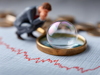 Businessman contemplating investment strategy beside magnifying glass with bubble and financial chart illustrating market trends and fluctuations.