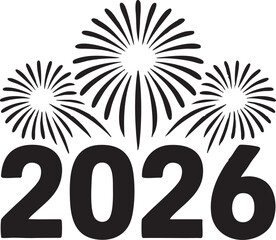 Minimal New Year 2026 design, bold black lines, solid shapes, no gradients, clean vector style, centered layout for T-shirt or hoodie print, white background, simple modern festive theme