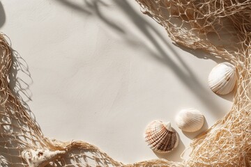 Minimal coastal mockup with shell, coral and fishing net on warm beige plaster texture. Sun shadow and wide copy space. Ideal for summer promo, travel brand, spa product, beach wedding invite, web ad.