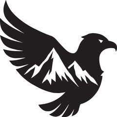 Stylized black silhouette of a bird of prey with wings spread wide, containing sharp mountain peaks within its body and wings. This conceptual artwork merges wildlife and landscape to evoke themes of 