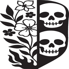 Black and white graphic divided into two halves—one side featuring blooming flowers and flame-like shapes symbolizing life and energy, the other side showing stacked human skulls representing death an