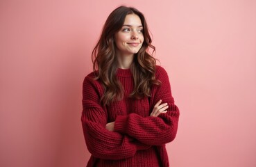 Fototapeta premium Young woman with brown wavy hair wearing red knitted sweater standing arms crossed against pink background. Looks to side with confident smile. Casual style. Seems happy, assured. Minimalist portrait.