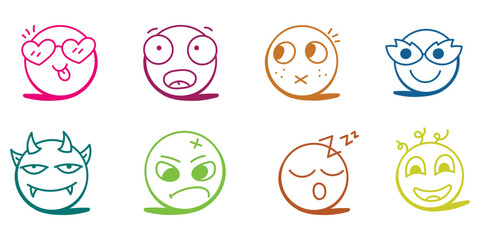 Hand drawn doodle emoticons set. Chalk or marker style faces with various expressions isolated on transparent 