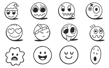 Hand drawn doodle emoticons set. Chalk or marker style faces with various expressions isolated on transparent 