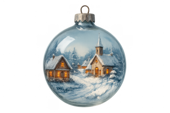 Christmas ornament featuring a cozy winter village with glowing lights and a snow-covered church, transparent background