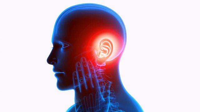 Human Head Showing Ear Pain Highlight 3D anatomy image highlighting pain in the ear region, suitable for ENT, hearing problems, or otitis media educational use