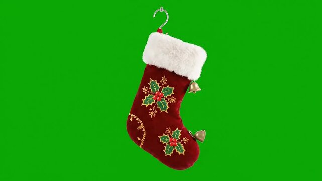 Festive Christmas stocking swaying gently with jingling bells for holiday cheer, perfect for seasonal greetings and family celebrations