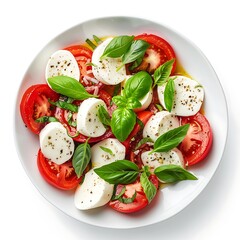 Top view of caprese salad with tomatoes mozzarella and basil leaves in white plate