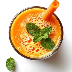Aerial view of orange liquid in glass with mint leaves and carrot stick garnish atop it