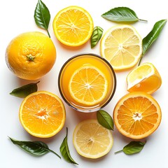 Arrangement of citrus fruits and leaves around a glass of juice, top view style