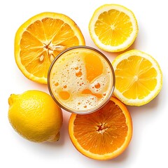 Aerial view of citrus fruits and glass of juice isolated against a plain background