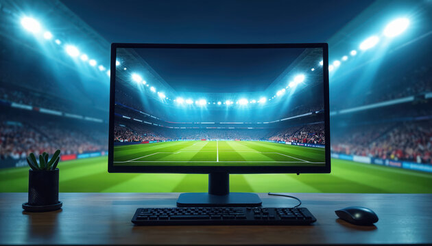 Display shows sports stadium and soccer match on screen. Computer stands on table. Digital sport content and tech theme. Online game play and cyber sports on monitor for streaming broadcast.