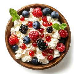 Cottage cheese with raspberries blueberries and red currants in a wooden bowl view