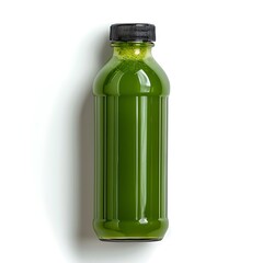 A bottle of vibrant green juice with a lid placed on a plain white surface view