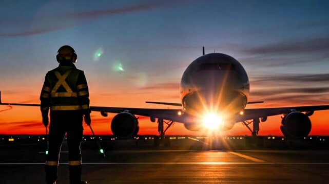 Video, airport aircraft ground staff in silhouette style for flight background, 4K, advertising asset, cinema, air transportation, Aircraft Marshaller