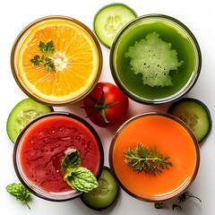 Aerial view of four glasses with colorful juices and fresh produce on a surface