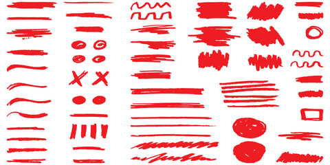 Hand-drawn red marker elements, underlines, circles, crosses