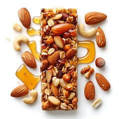 A close up view of a granola bar with various nuts and golden liquid around it