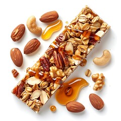 A granola bar with various whole nuts and a drizzle of liquid sweetener around it all