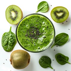 Aerial view of a green smoothie in a glass surrounded by kiwi and spinach leaves