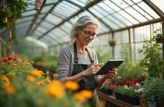 Mature woman gardener checks plants, flowers, using tablet computer in bright sunny greenhouse. Manages inventory, monitors growth of various crops, organizes orders for blooming nursery business