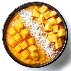 Aerial view of a bowl filled with a yellow smoothie, fruit cubes, and shredded topping
