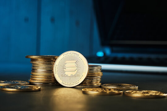 Cryptocurrency Solana and Laptop Background in a Modern Workspace