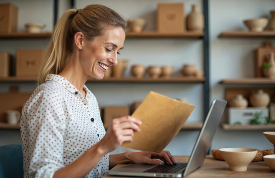 Happy woman in pottery workshop works on laptop holding package. Smiling female potter uses computer for online orders. Lady in ceramics studio smiles while at work