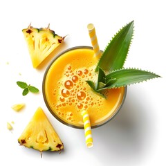 Overhead view of a glass filled with yellow liquid and fruit slices around it