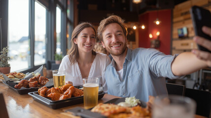 Two men taking a smiling selfie at a bar, eating food and drinking beer, one with ginger hair, woman laughing nearby, hyper realistic with warm lighting