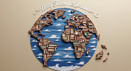 paper cut group of books forming continents — unity through literature