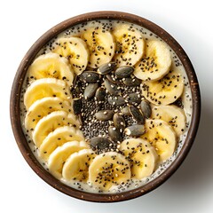 Overhead view of a bowl with sliced bananas, seeds, and a creamy substance inside it