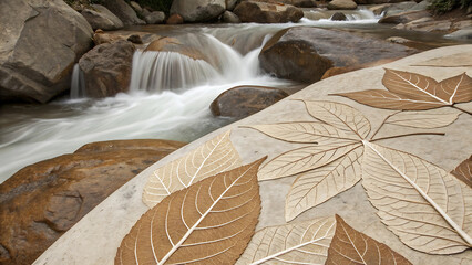 Water fall and leaf pattern at Khao Kho, Thailand.