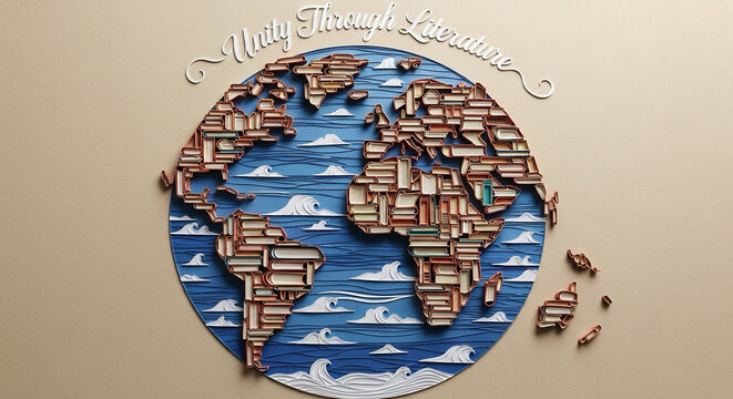 paper cut group of books forming continents — unity through literature