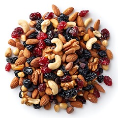 Assorted nuts and dried fruits including almonds cashews walnuts and cranberries