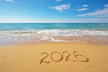 2026 text symbol of new year on the sea sand beach shore at daylight