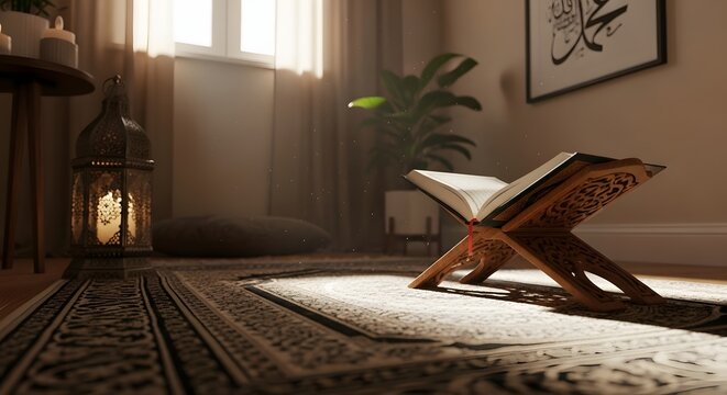Open Holy Book on Rehal on a Prayer Rug in a Sunlit Room, Symbolizing Spiritual Reflection and Peace