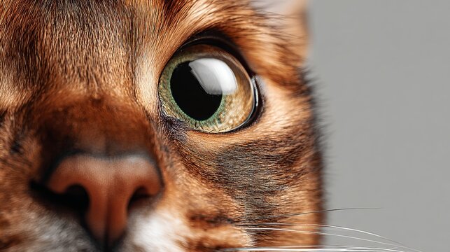 Charming Close-Up of a Playful Asian Cat with Intense Gaze and Neutral Gray Background.