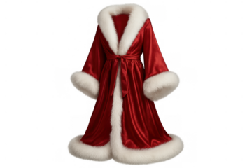 Santa claus costume with a luxurious red satin robe and soft white fur trim, embodying the spirit of christmas and winter holidays, transparent background