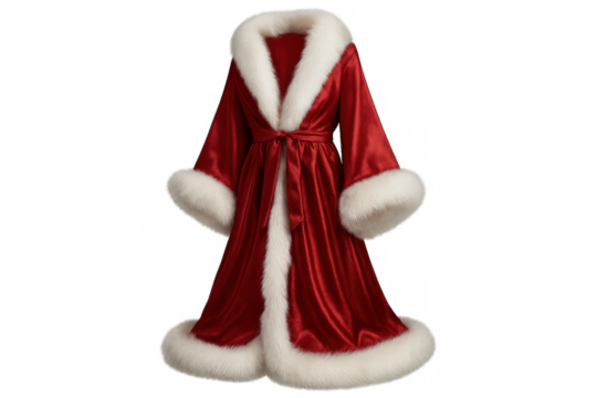 Santa claus costume with a luxurious red satin robe and soft white fur trim, embodying the spirit of christmas and winter holidays, transparent background - Powered by Adobe
